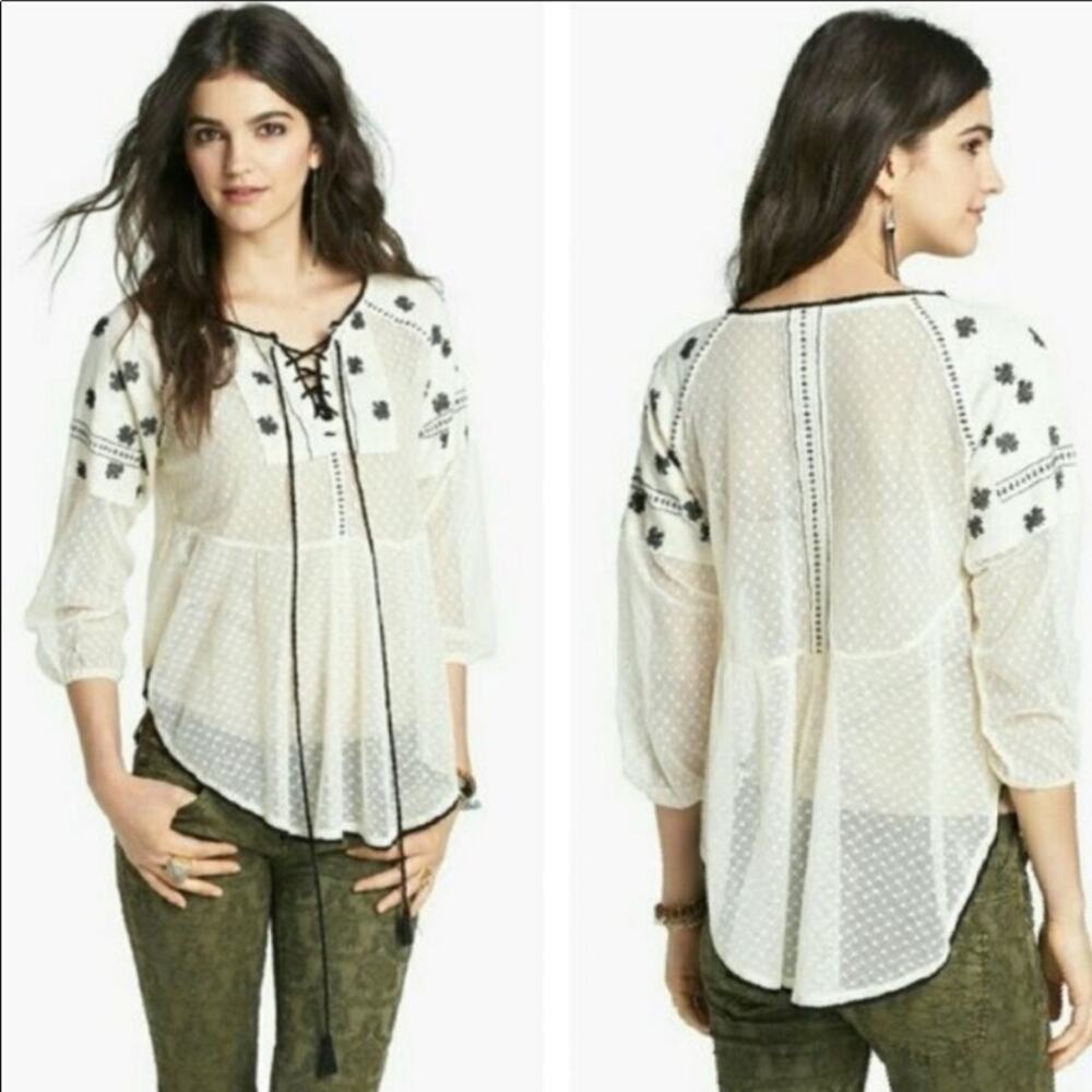 Free People "Roses Are Red" Cream Lace Peasant Top
